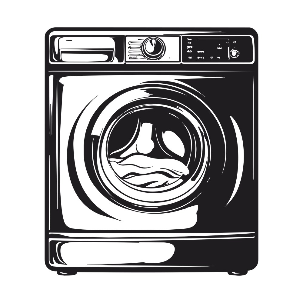 Black and white front-loading washing machine with clothes tumbling in the drum and a control dial