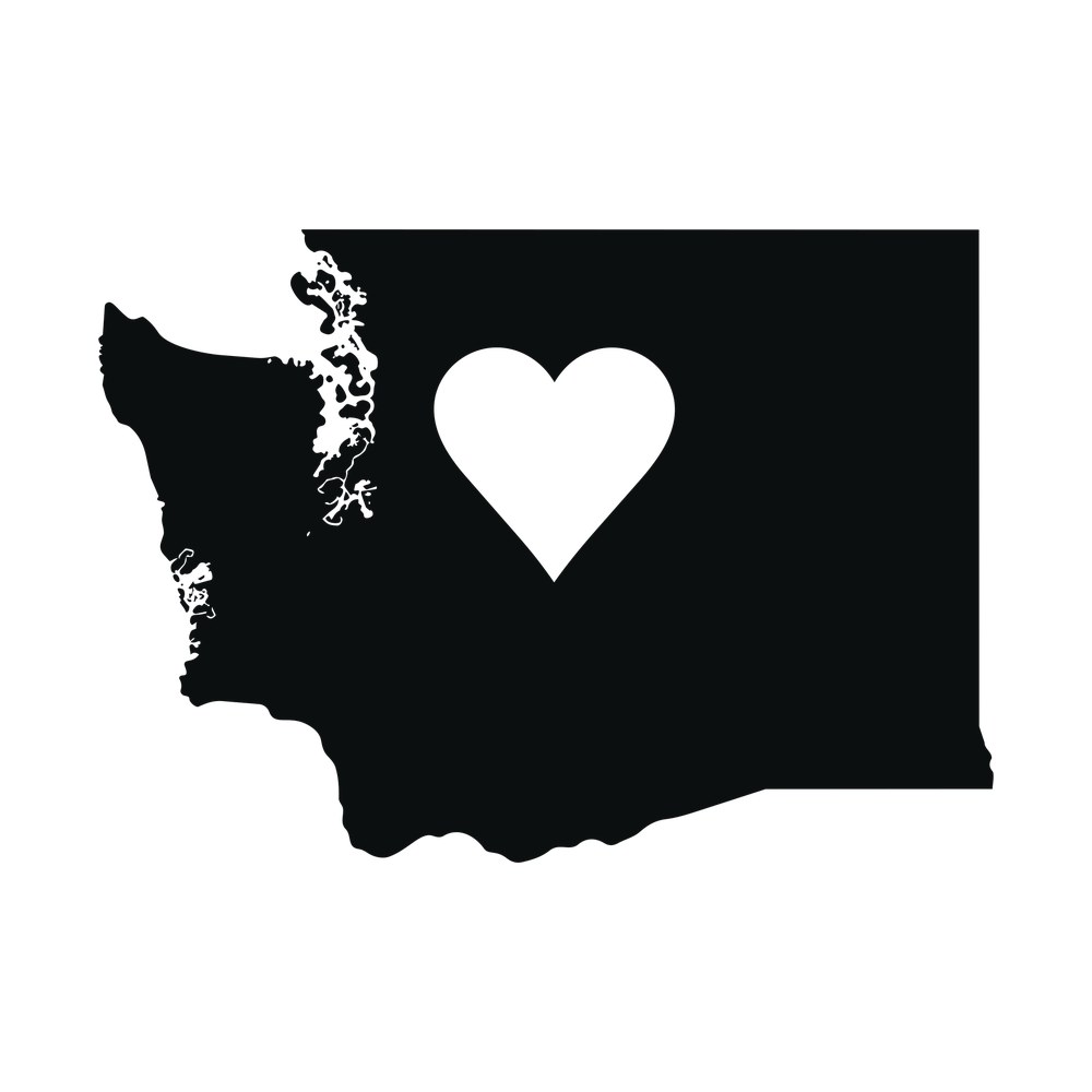 Black silhouette map of Washington state with a white heart cut out of its center