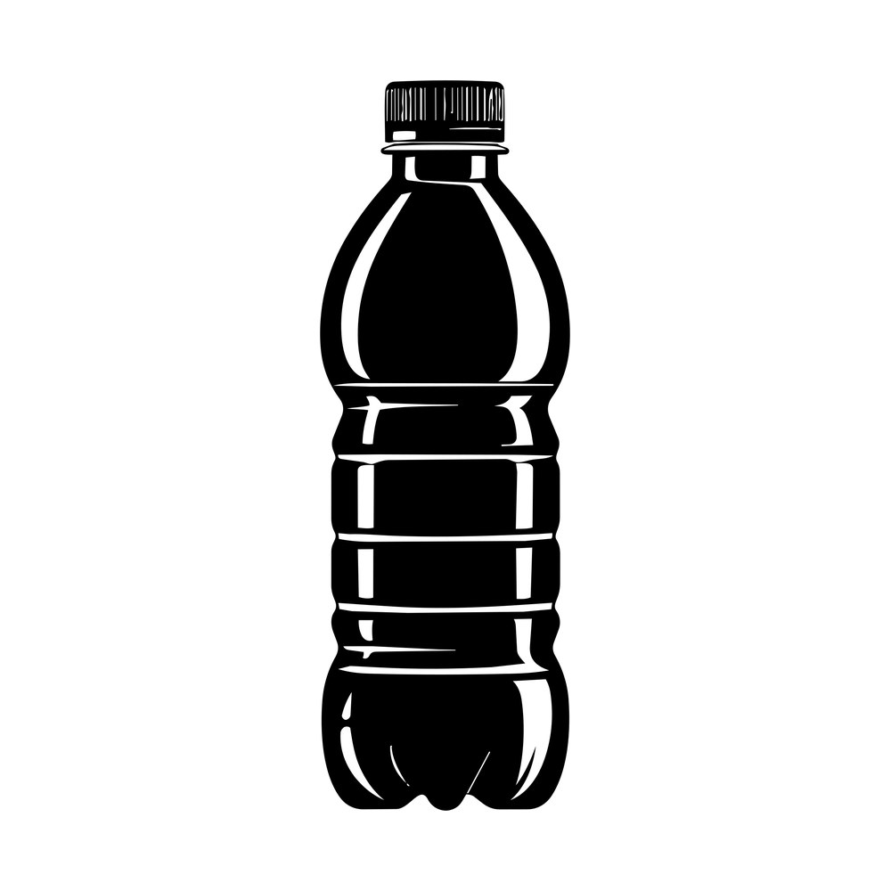Black one-color illustration of a ribbed plastic water bottle with a screw cap