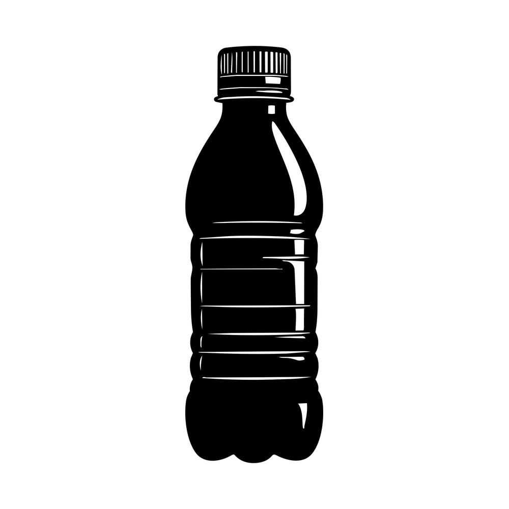 Black sticker of a ribbed plastic water bottle with screw cap and white highlight streaks