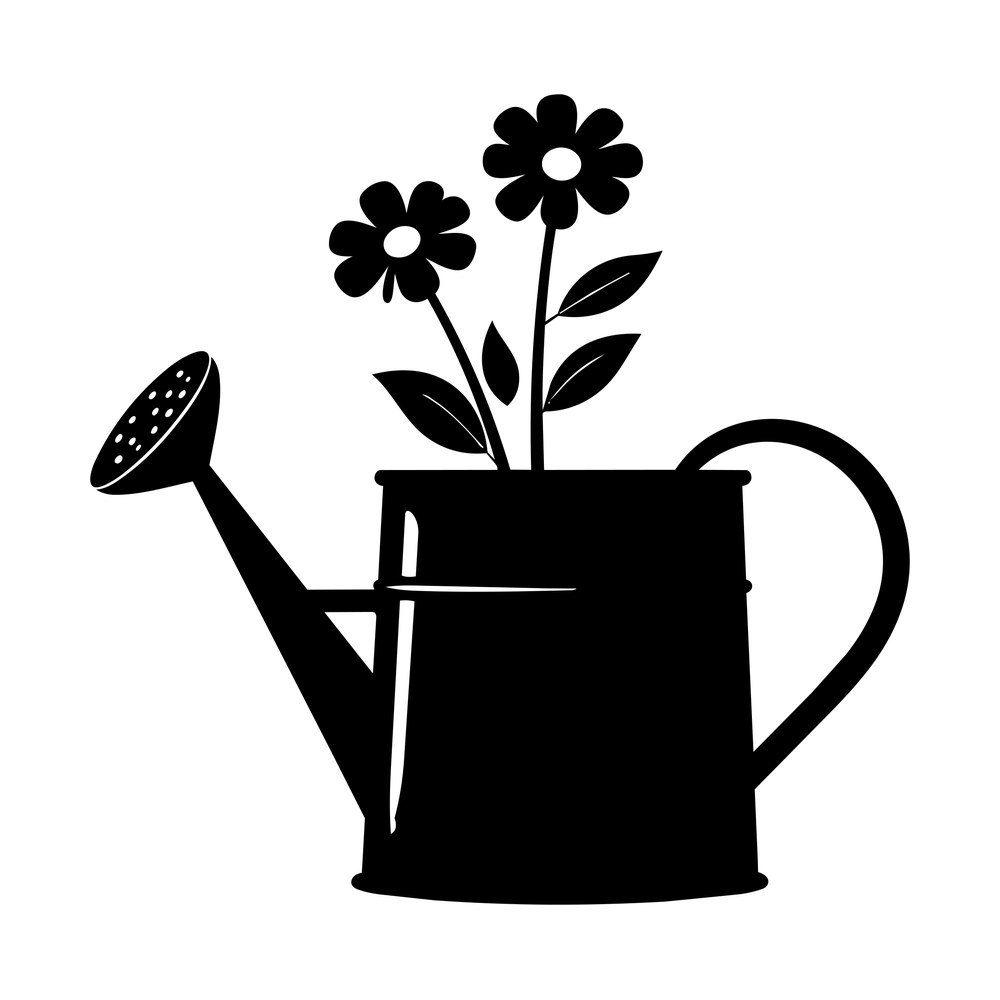Bold black watering can with two large daisies, leaves and a dotted sprinkler spout