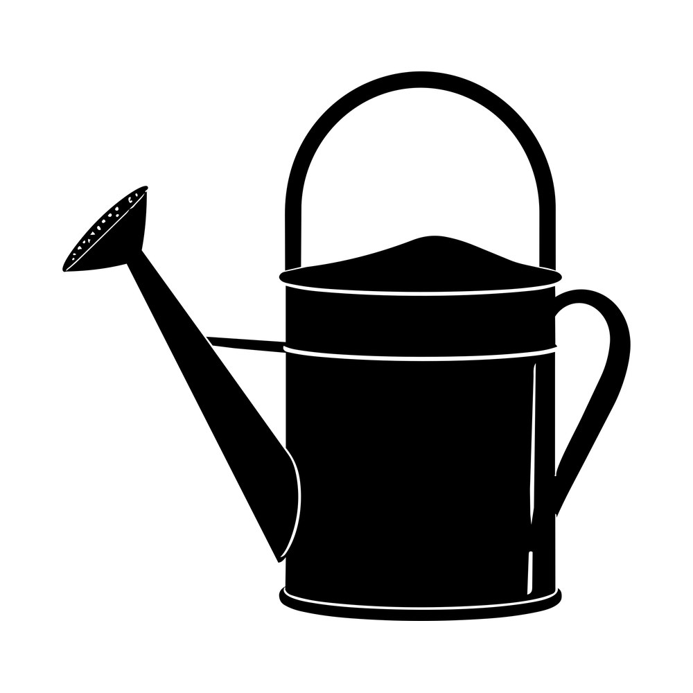 Black silhouette of a plain watering can with an arched handle and long spout with a sprinkler rose