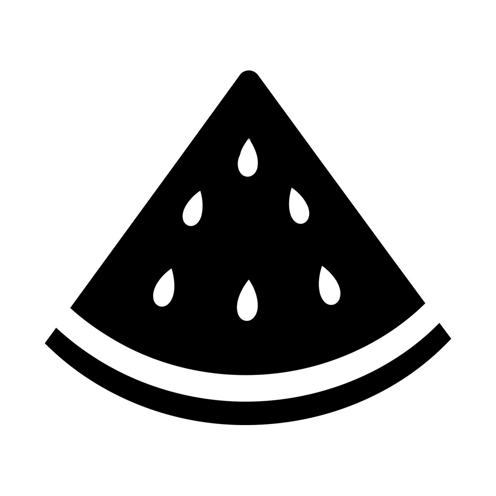 Black watermelon slice sticker, a triangular wedge with six seeds and a curved rind stripe