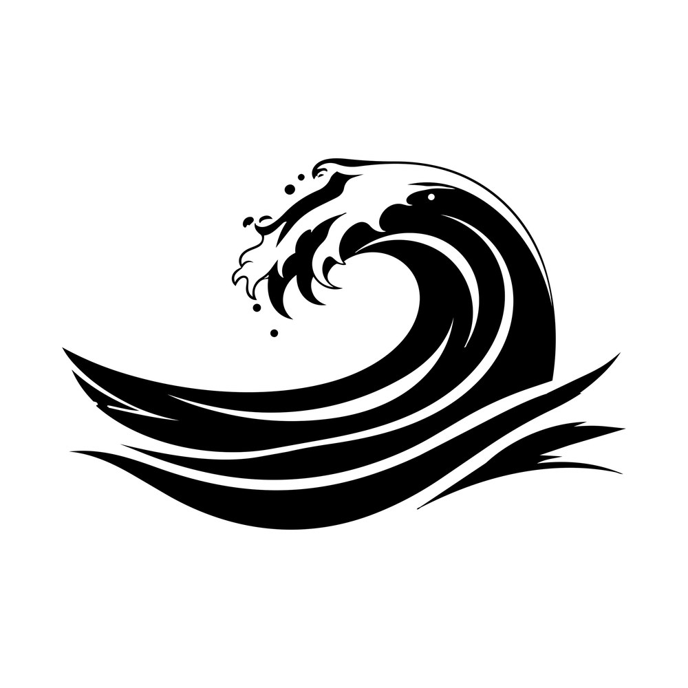 Black curling ocean wave sticker with breaking crest, spray droplets and long water lines