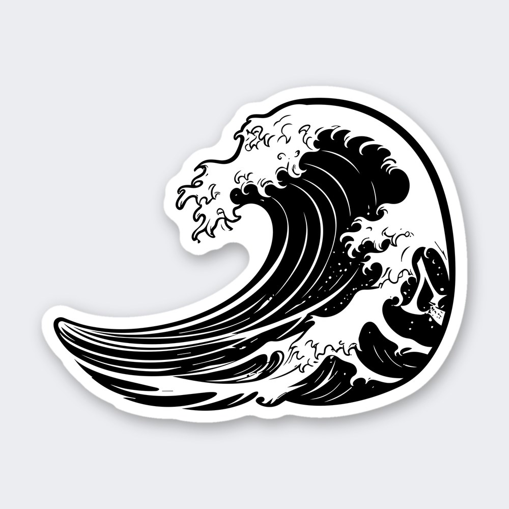 Black and white sticker of a curling ocean wave with swirling foam crest and spray droplets