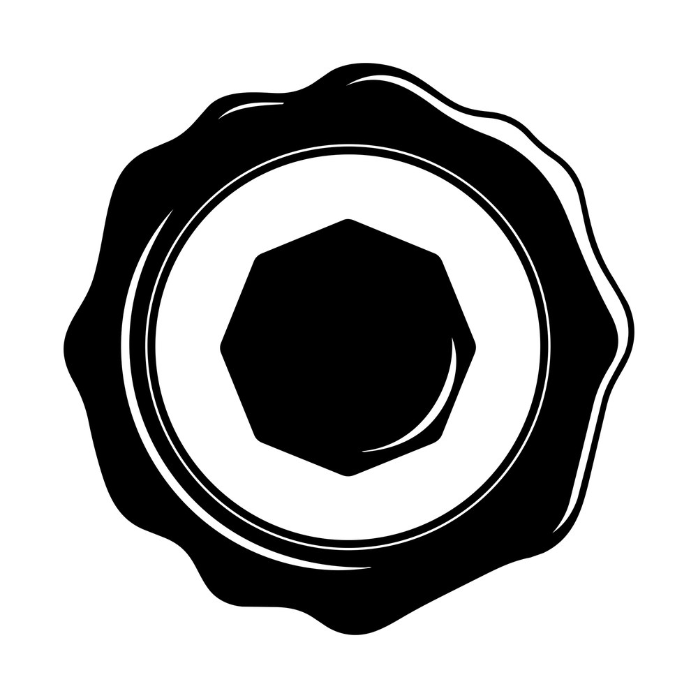 Black round wax seal sticker with wavy scalloped rim, inner ring and blank hexagon center
