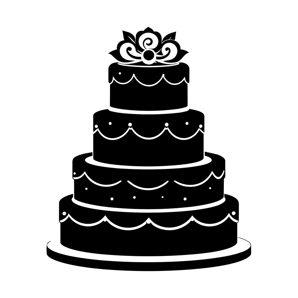 Black silhouette of a four tier wedding cake with scalloped icing, dots and a flower topper