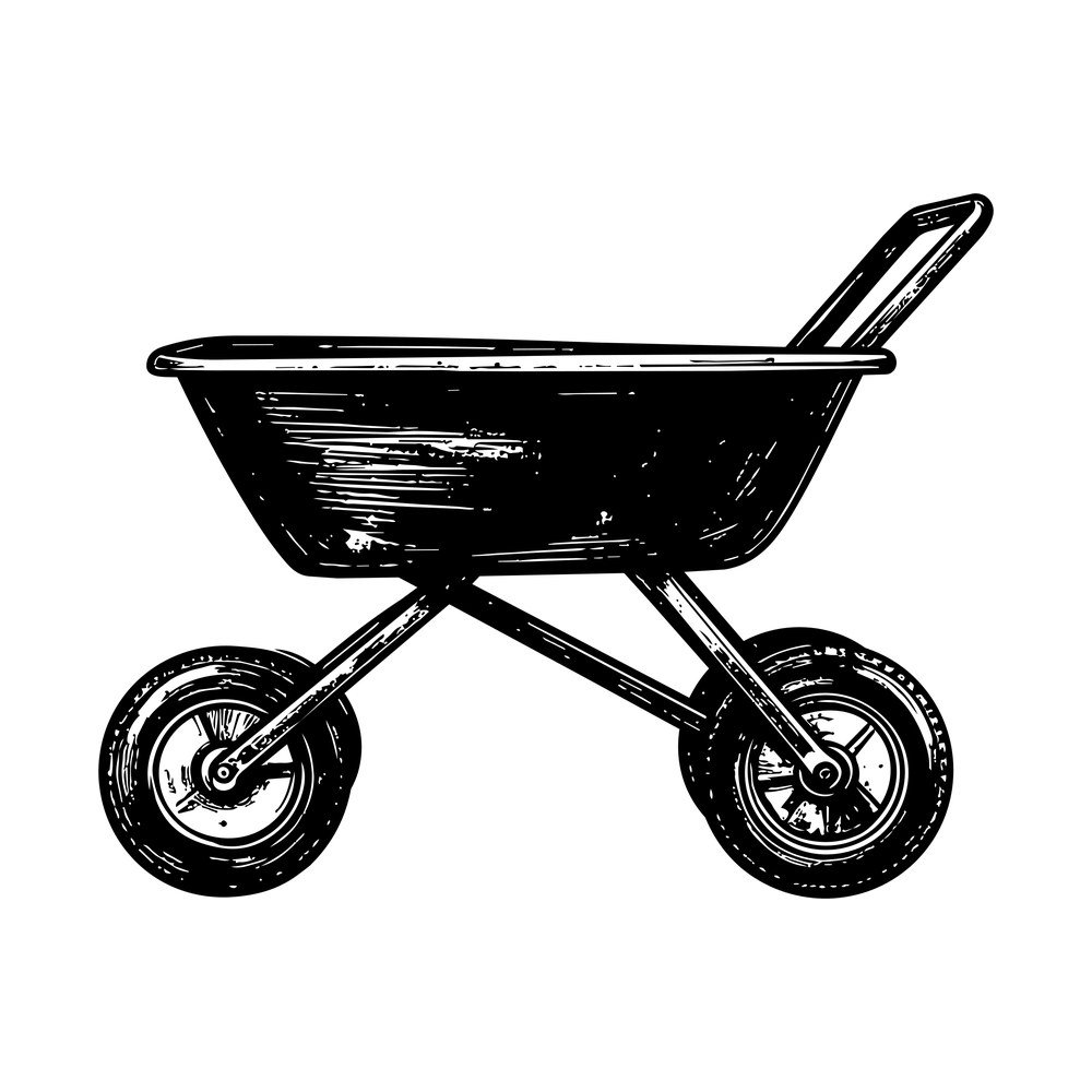 Hand-drawn black wheelbarrow in side view with two treaded wheels and crossed legs