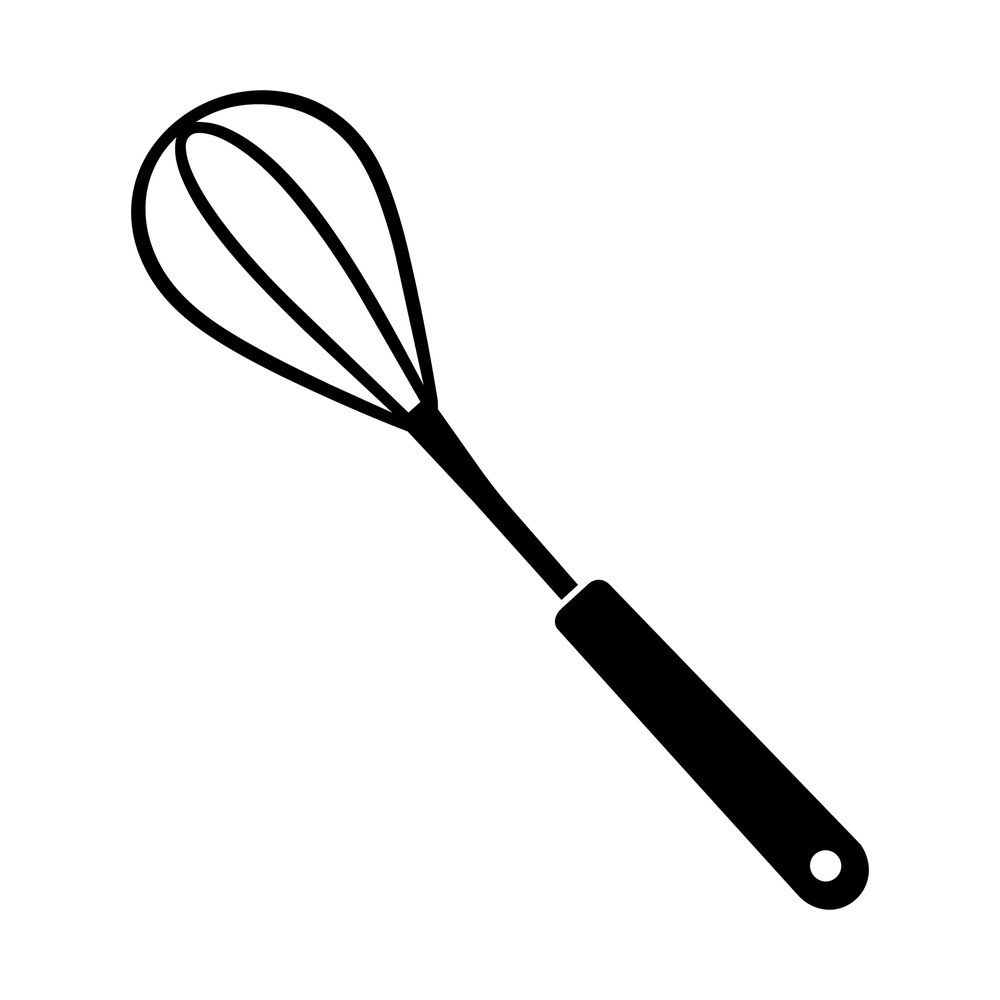 Black sticker of a balloon whisk with three looped wires and a solid handle with a hanging hole