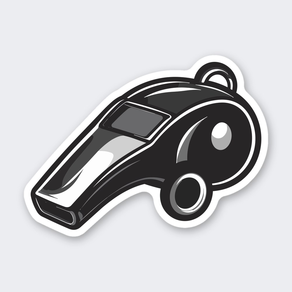 Sticker of a black and gray coach's whistle with a hanging ring and white shine highlights