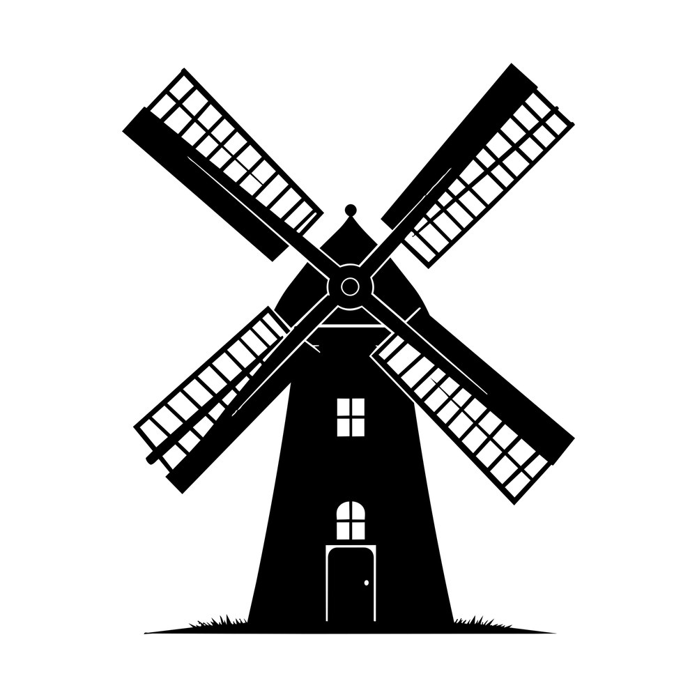 Black windmill sticker with four latticed sails, arched door, two windows and grass at the base
