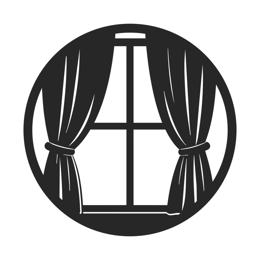 Round black badge showing a four-pane window with curtains tied back at both sides
