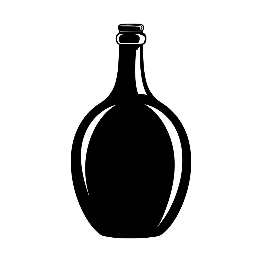 Black silhouette of a round-bellied wine bottle with a short ringed neck and curved glass highlights