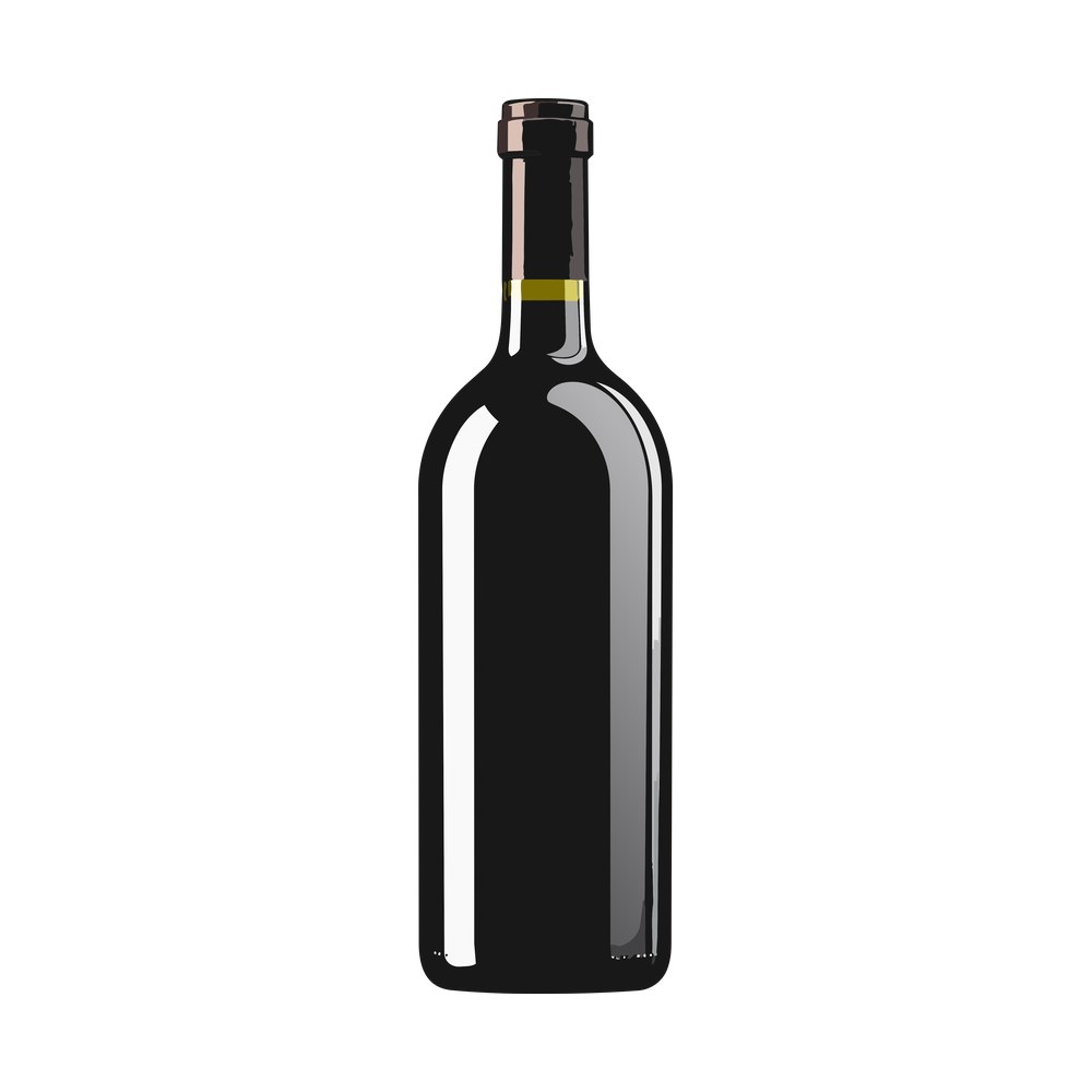 Dark red wine bottle with a foil capsule, thin gold band, glossy highlights and a blank label area
