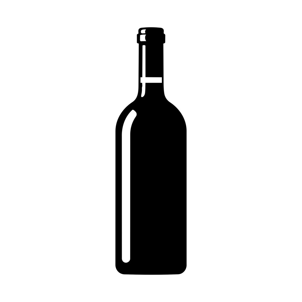 Black silhouette sticker of a wine bottle with a banded capsule and a thin side highlight