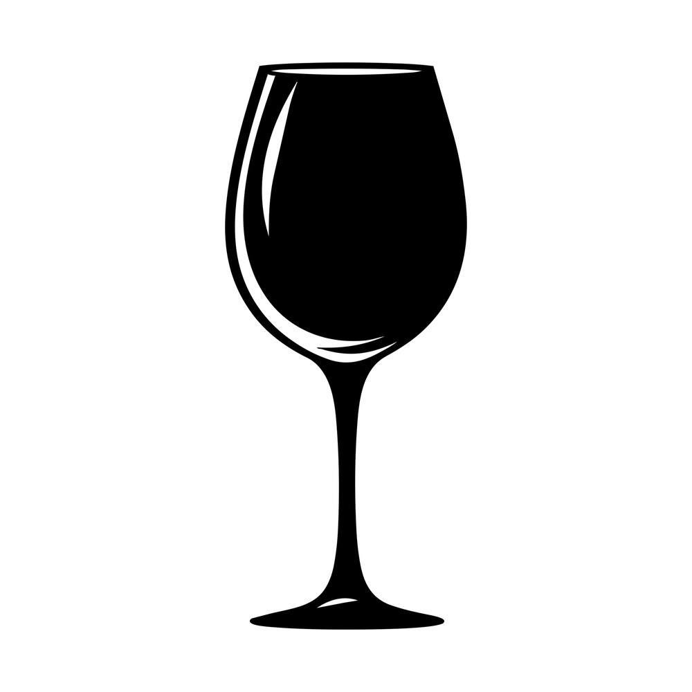Black silhouette sticker of a full wine glass with a long stem and a curved highlight