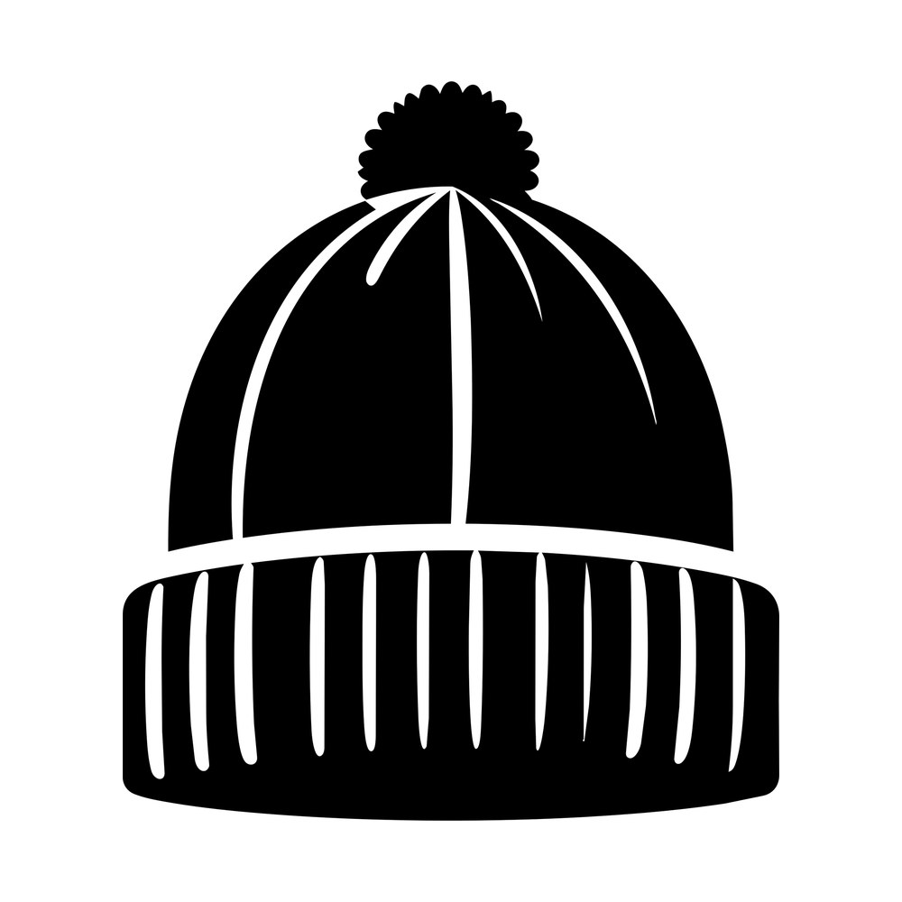 Black and white sticker of a knit winter beanie with pom pom and ribbed folded cuff