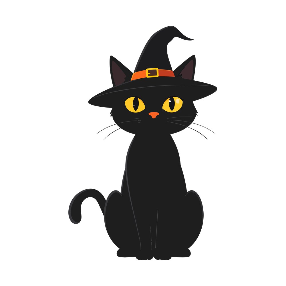 Black cat sitting upright wearing a pointed witch hat with orange band and gold eyes