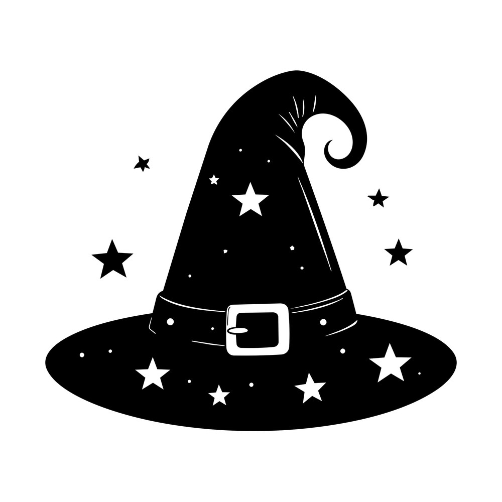 Black pointed witch hat with curled tip, buckled band and cut-out stars on the brim