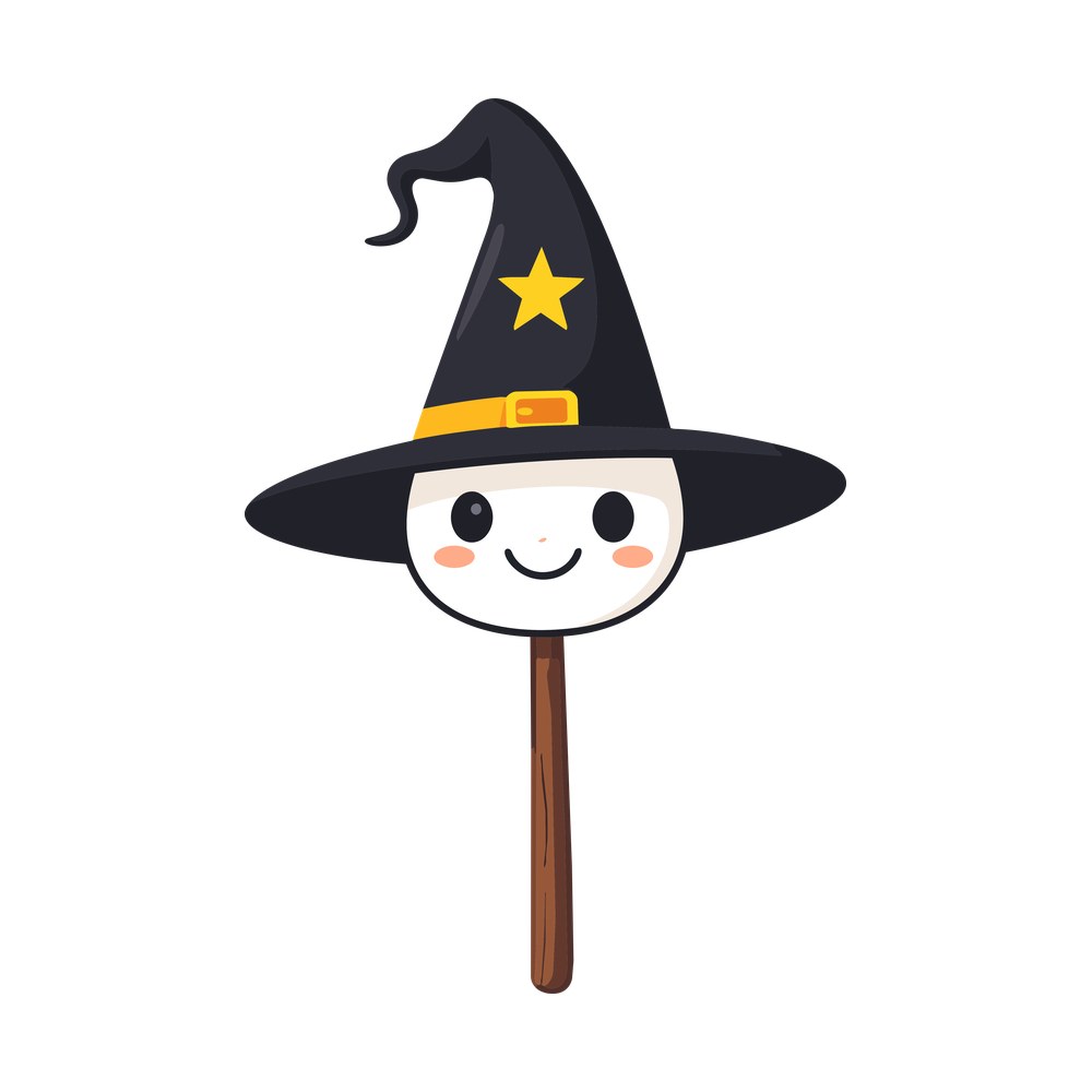 Cartoon staff with a smiling white face wearing a black witch hat with a gold star