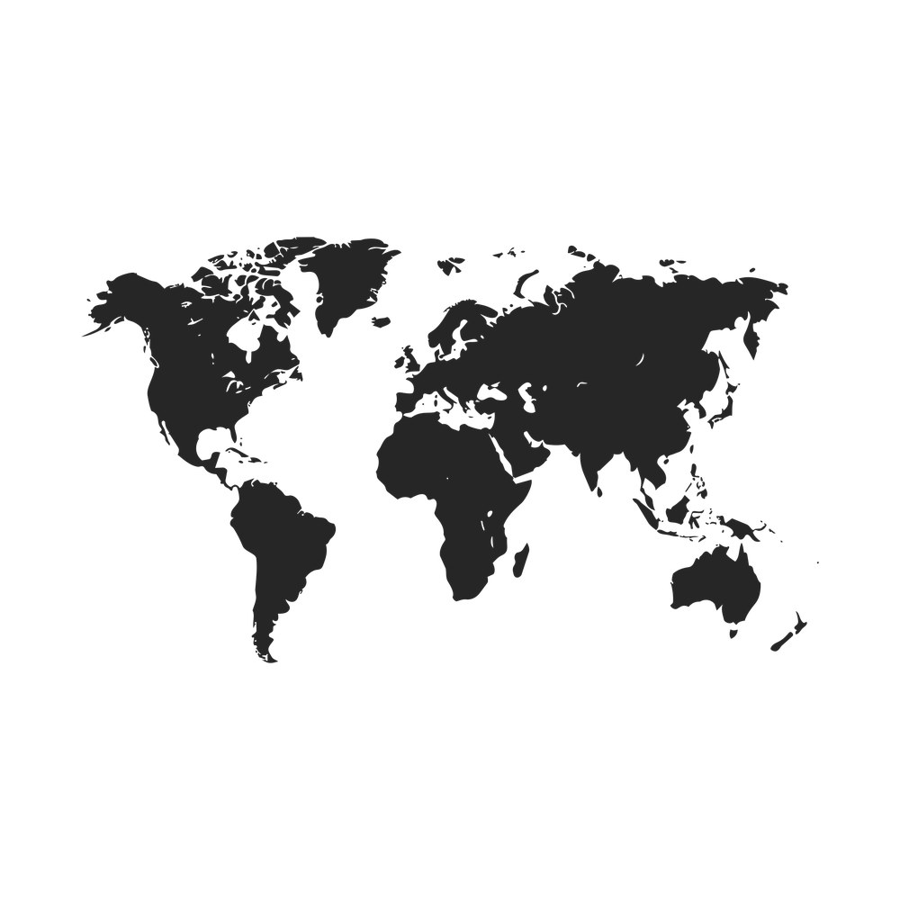 Minimal world map with all continents in one solid color, detailed coastlines and islands, no Antarctica