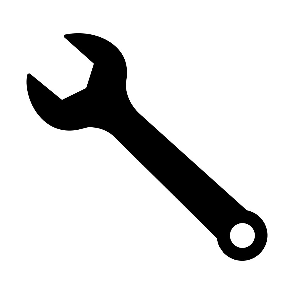 Solid black wrench sticker at a diagonal with open jaw and round ring handle with hole