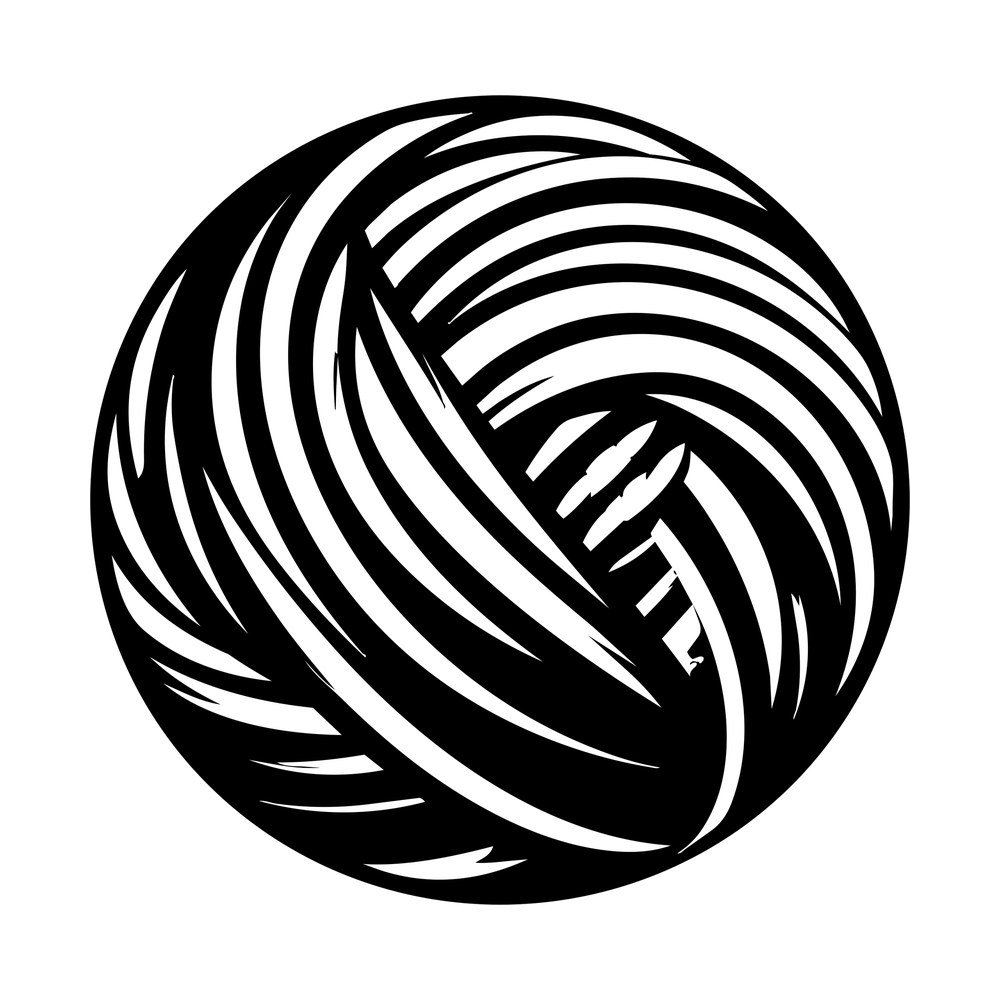 Bold black and white sticker of a round yarn ball with wrapped strands and a loose end