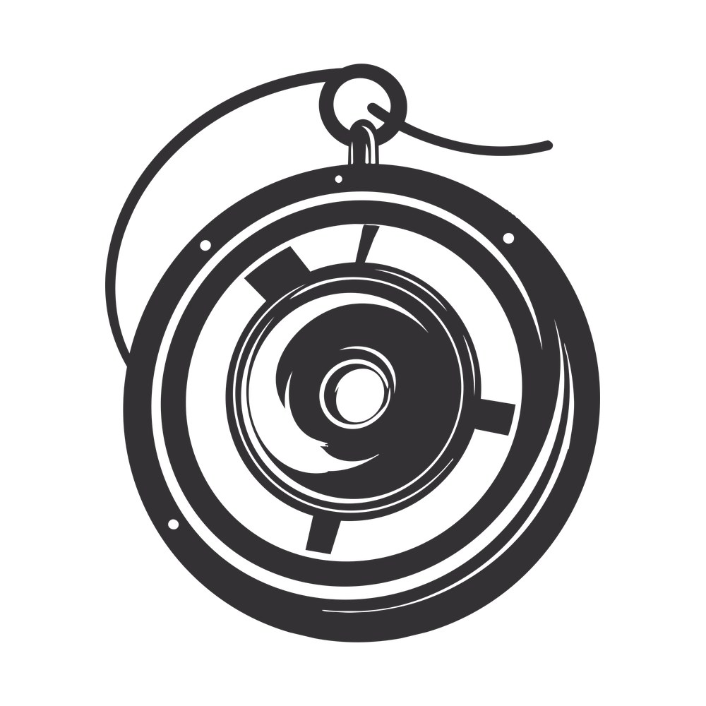 Line art yo-yo seen face on with concentric rings, a spiral hub and a string looped above it
