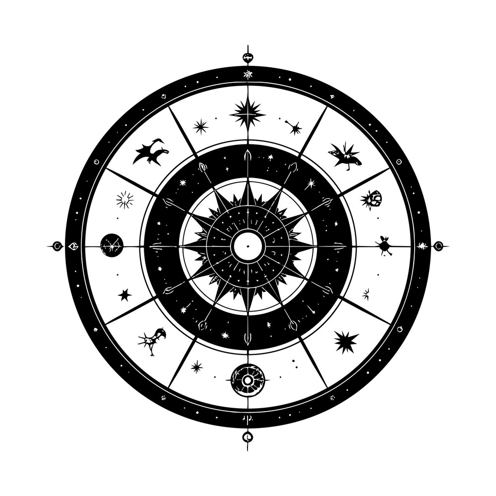Black circular zodiac wheel with sunburst center, star field ring and twelve segment symbols