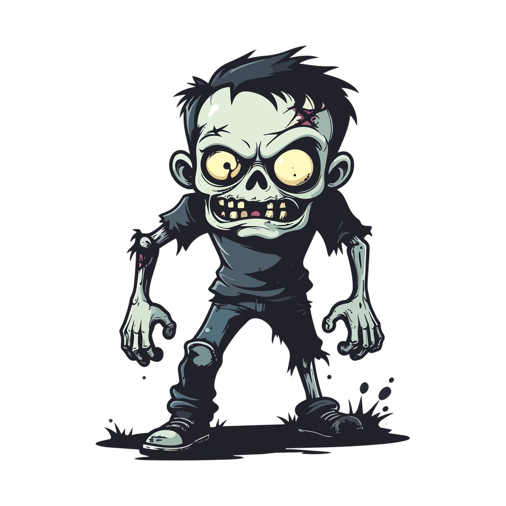 Cartoon zombie with green skin, yellow eyes and torn clothes walking on a dark shadow