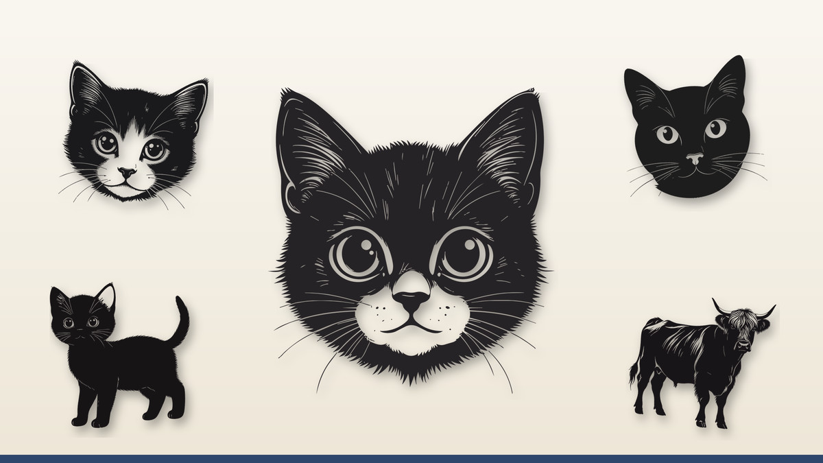 Collage of Infycrafts cat designs: Kitten Face Doodle, Kitten Face Thickline Side, Cat Face, Playful Kitten