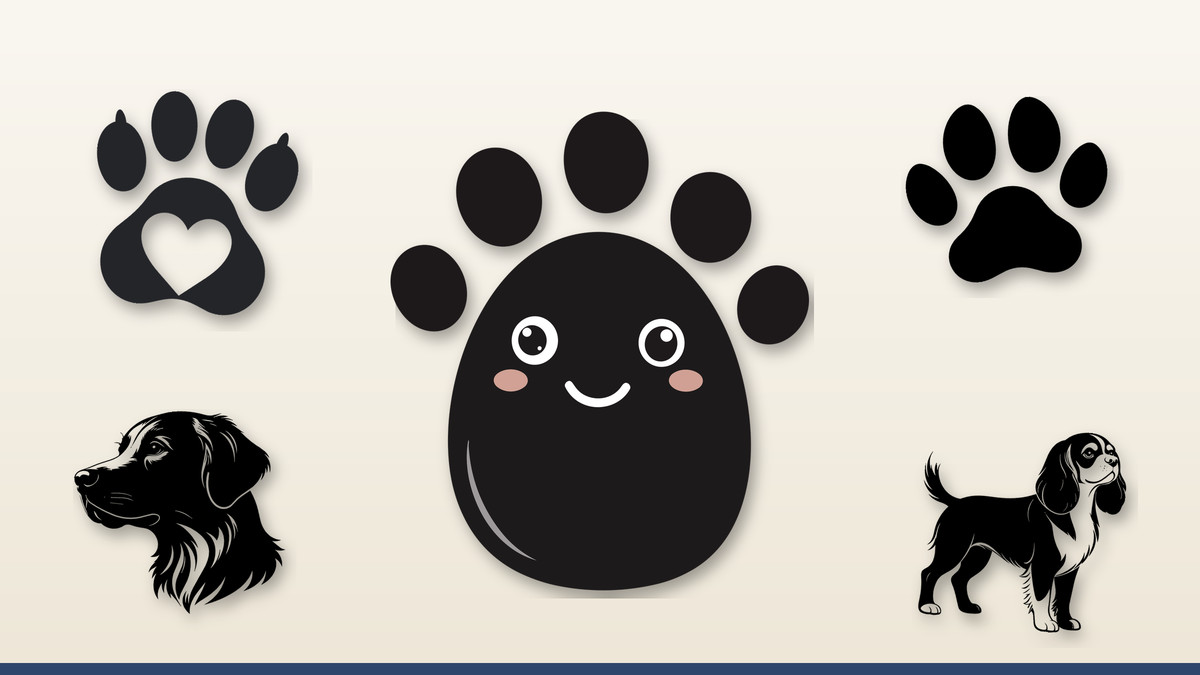 Collage of Infycrafts dog designs: Paw Print Kawaii Front, Dog Paw Heart, Paw Print, Golden Retriever Silhouette