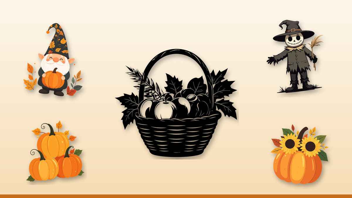 Collage of fall SVG designs: gnome with pumpkin, stacked pumpkins, scarecrows, acorns and a cornucopia on porch signs and mugs