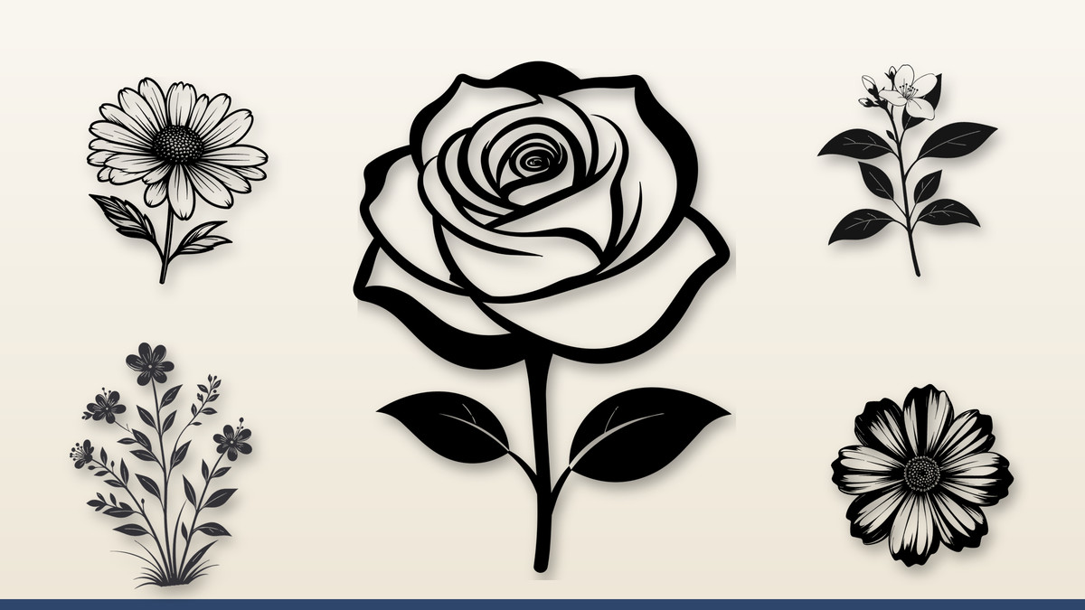Collage of Infycrafts floral designs: Rose Line, Aster Line, Jasmine Sprig Minimal Side, Wildflower Half