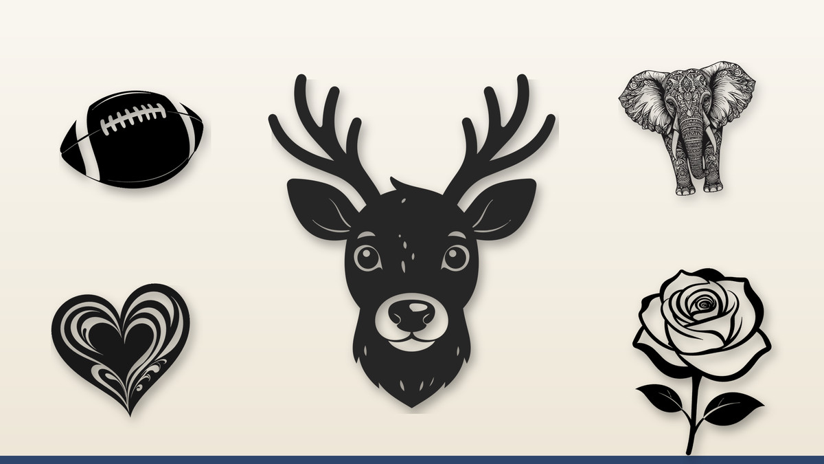 Collage of free SVG designs: reindeer, football, mandala elephant and owl, valentine heart, rose, cowboy boot