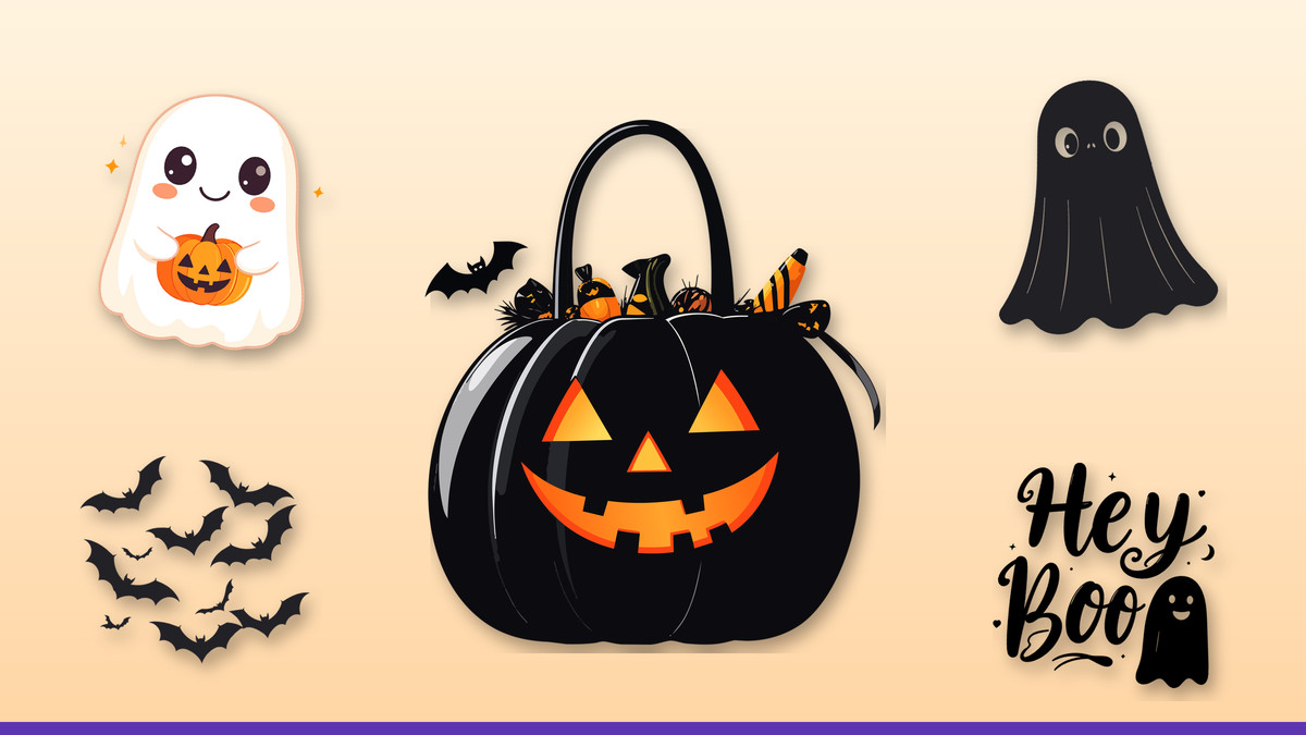 Collage of Infycrafts Halloween shirt designs: Trick Or Treat Bag Bold Side, Cute Ghost Kawaii, Ghost Chunky, Bat Swarm Silhouette
