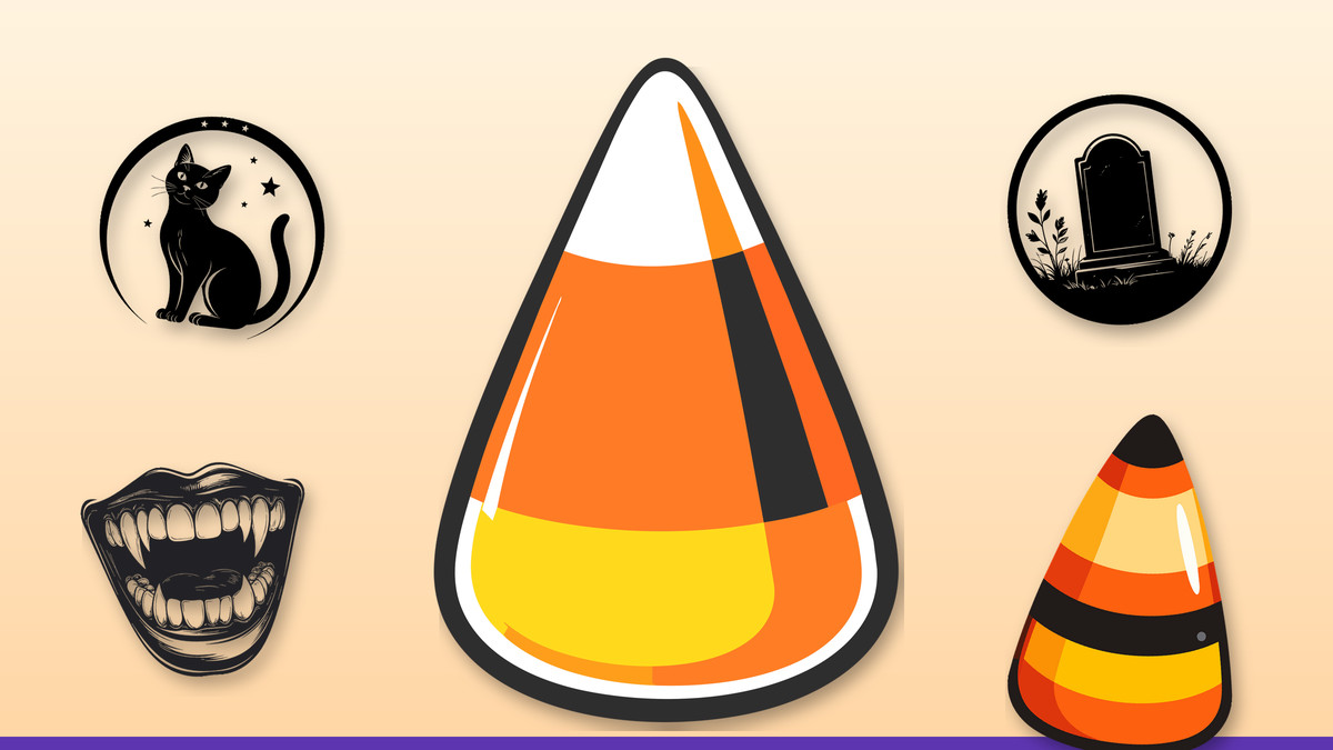 Collage of Halloween SVGs: black cat, jack-o'-lantern, candy corn, vampire fangs and witch hat art