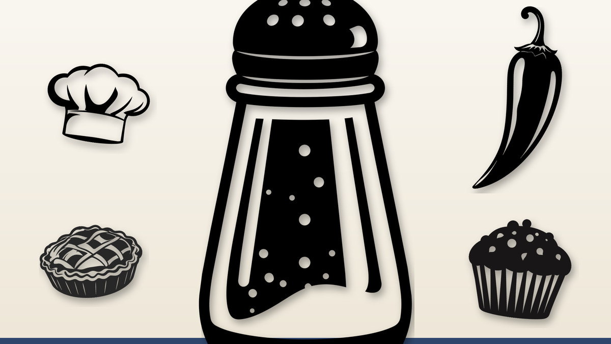 Collage of kitchen SVG designs: salt shaker, chef hat, chili pepper, pie, muffin, rolling pin, coffee cup, French press, grinder and bread l