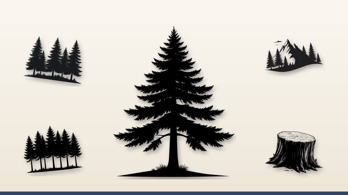 Collage of Infycrafts nature designs: Pine Tree Silhouette, Pine Tree Forest, Mountain Range, Forest Trees Row