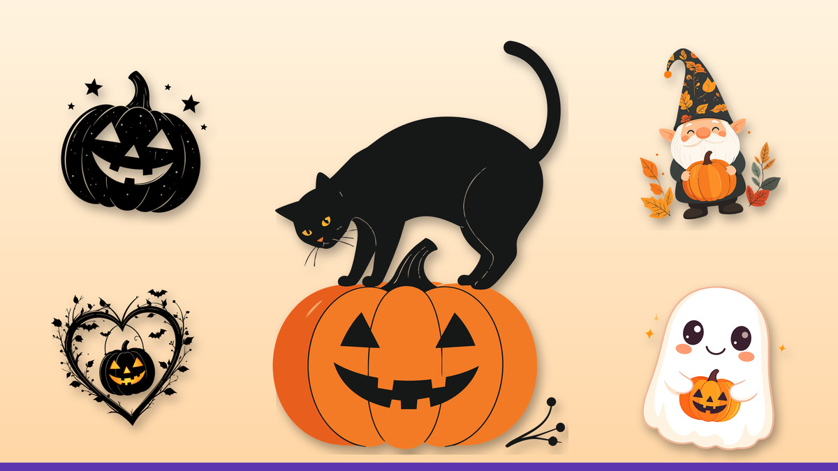 Collage of Infycrafts pumpkin designs: Halloween Cat Silhouette, Pumpkin Face Stars, Autumn Gnome Kawaii, Trick Or Treat Bag Heartframe