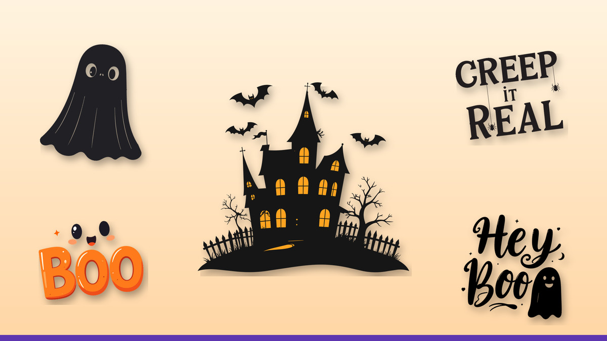 Collage of Infycrafts Halloween decor designs: Haunted House Silhouette, Ghost Chunky, Creep It Real Retro, Boo Ghost Stack Kawaii