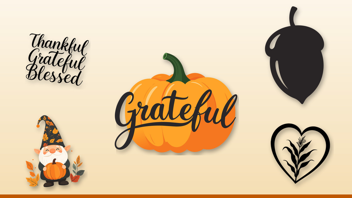 Collage of Infycrafts Thanksgiving designs: Grateful Pumpkin Script, Thankful Grateful Blessed Script, Acorn Flaticon Front, Autumn Gnome Ka
